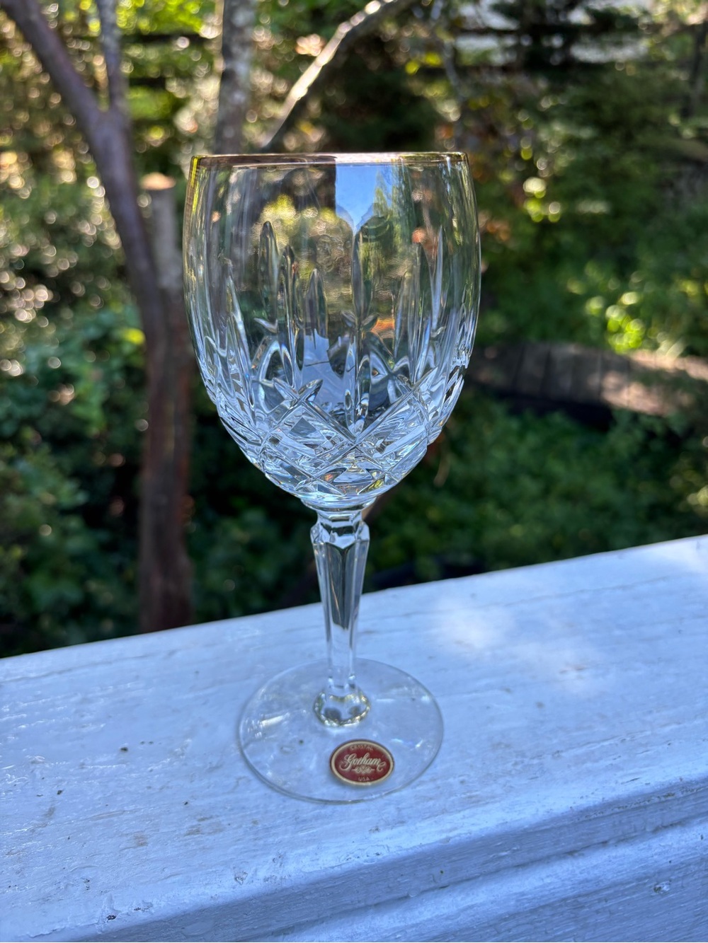Gorham Lady Anne Crystal Cut Wine Glass Water Goblet with Gold Trim